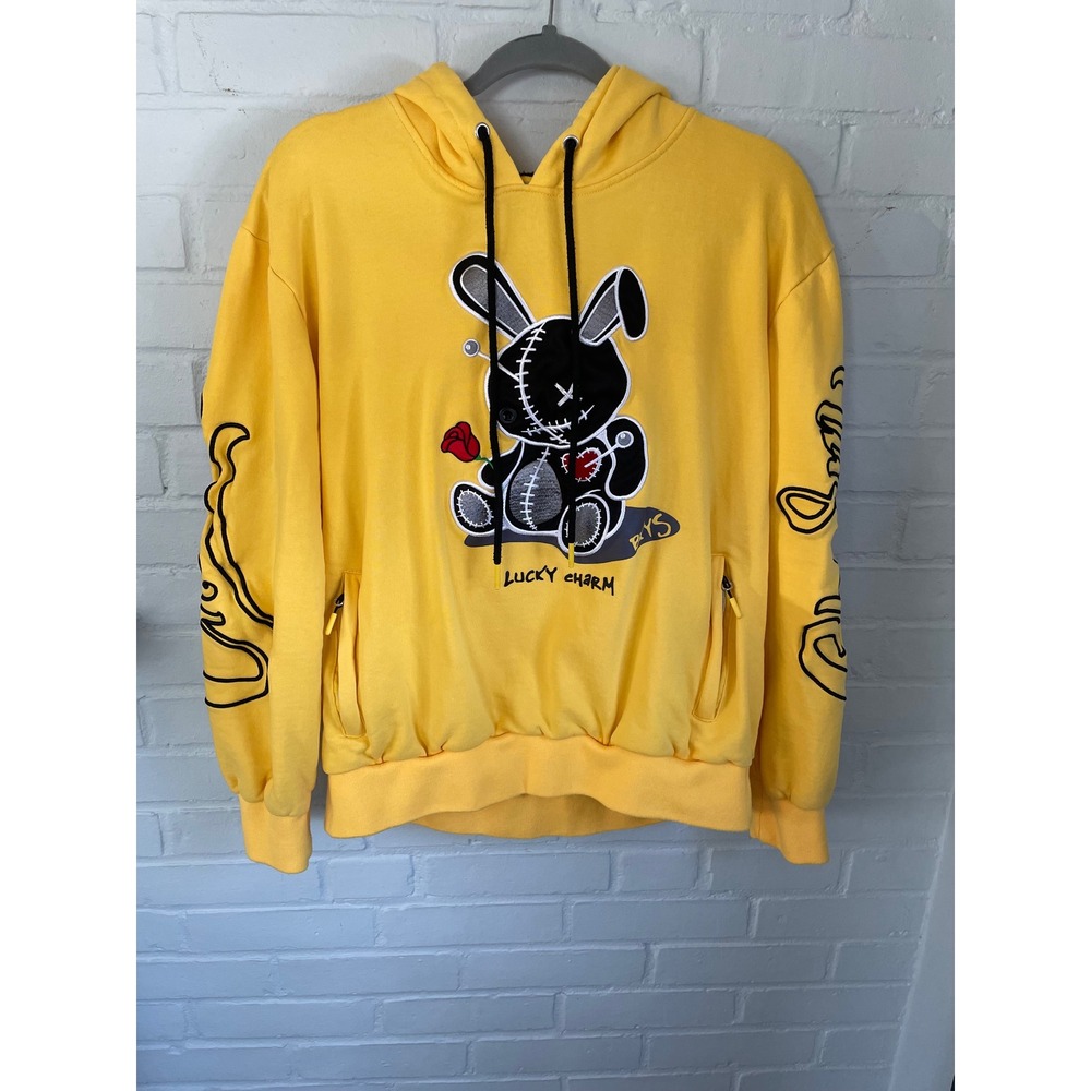 Lucky Charm Voodoo Bunny Hoodie ‎ Yellow Graphic Streetwear Sweatshirt Large